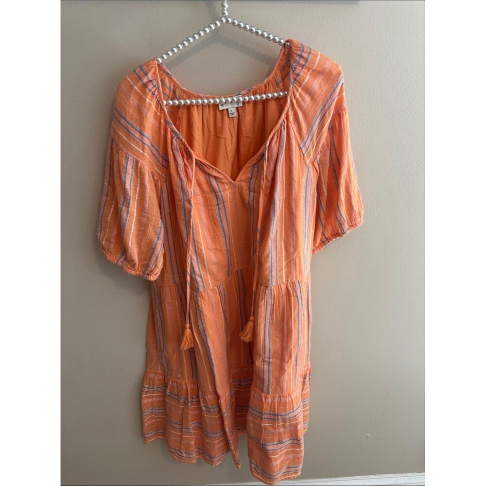 Wonderly Dress Large L Orange Striped Split Neck Mini Tiered Tassel Boho Summer